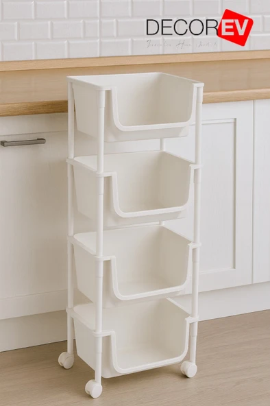 4 Katlı Tekerlekli Plastik Organizer Raf – Çok Amaçlı Mutfak, Banyo ve Ofis Düzenleyici (Beyaz) DC-6823 - Resim 3
