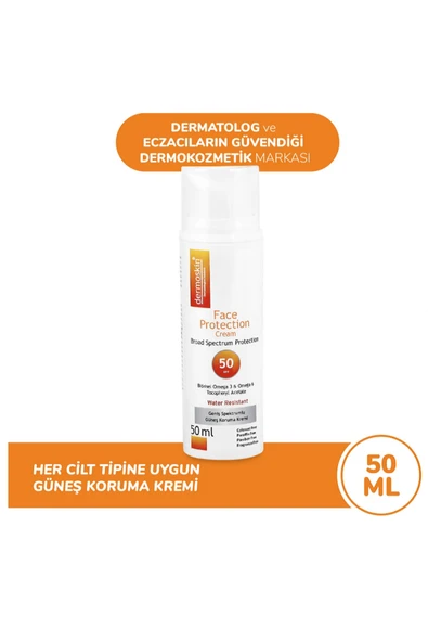 Dermoskin Face Protection SPF50 Güneş Kremi 50 Güneş Koruma Faktörü (SPF) içeren bir güneş koruyucu kremdir.