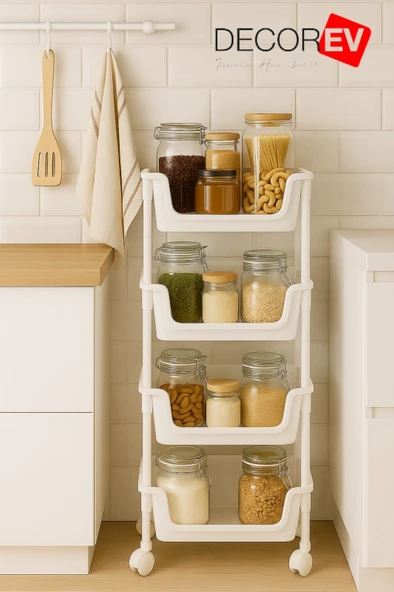 4 Katlı Tekerlekli Plastik Organizer Raf – Çok Amaçlı Mutfak, Banyo ve Ofis Düzenleyici (Beyaz) DC-6823 ürün görseli