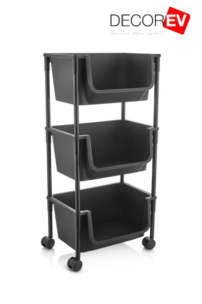 3 Katlı Tekerlekli Plastik Organizer Raf – Çok Amaçlı Mutfak, Banyo ve Ofis Düzenleyici (Siyah) - Resim 4