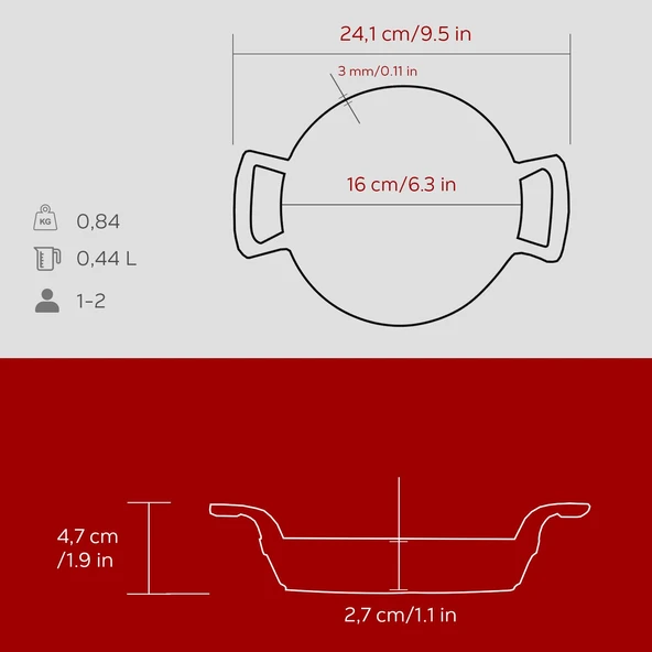 Lava Döküm Yuvarlak Sahan Döküm Demir Yekpare Çift Kulplu Çap(Ø)16cm.-Bordo - Resim 5