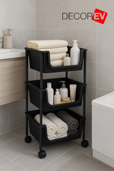 3 Katlı Tekerlekli Plastik Organizer Raf – Çok Amaçlı Mutfak, Banyo ve Ofis Düzenleyici (Siyah) - Resim 2