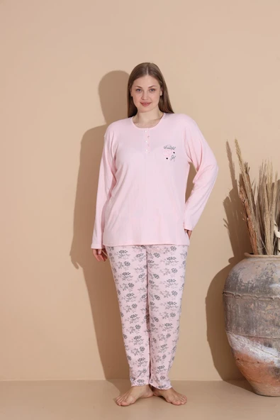 Lindros Kadın Pamuk'lu Düğme Yaka Raporlu İnterlok KIŞLIK Battal Pijama Takımı 05150P - 1 Adet   2XL Pembe - Resim 2