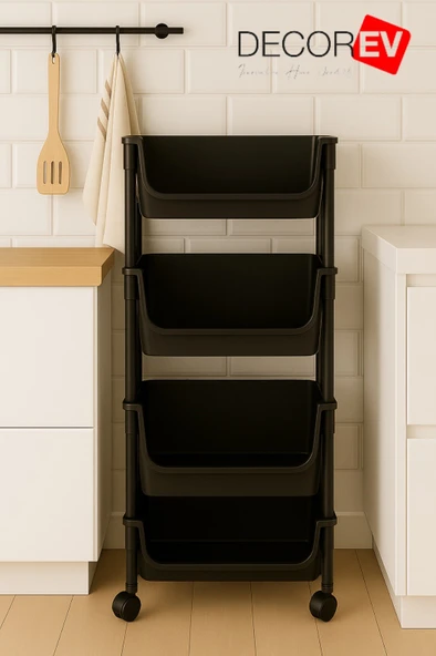 4 Katlı Tekerlekli Plastik Organizer Raf – Çok Amaçlı Mutfak, Banyo ve Ofis Düzenleyici (Siyah) DC-6824 - Resim 4