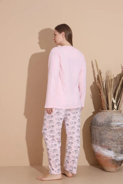 Lindros Kadın Pamuk'lu Düğme Yaka Raporlu İnterlok KIŞLIK Battal Pijama Takımı 05150P - 1 Adet   2XL Pembe - Resim 4