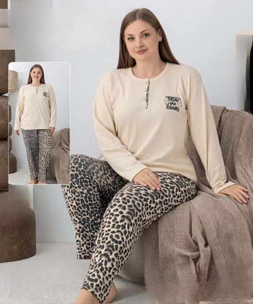 Lindros Kadın Pamuk'lu Düğme Yaka Raporlu İnterlok KIŞLIK Battal Pijama Takımı 05160 - 1 Adet   4XL Ekru ürün görseli 1