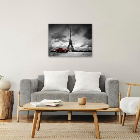 Kitap Şeyleri Mdf Kırmızı Klasik Araba ve Eyfel Kulesi Tablo 30cm X 40cm - 1