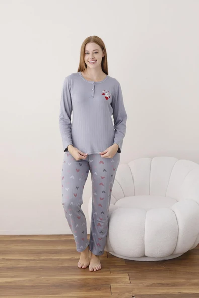 Lindros Kadın Pamuk'lu Düğme Yaka Raporlu İnterlok KIŞLIK Pijama Takımı 05020 - 1 Adet   L Lila ürün görseli 1