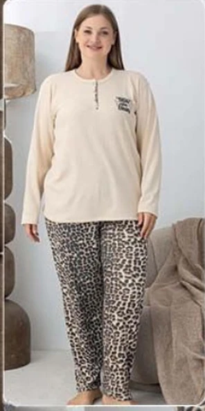 Lindros Kadın Pamuk'lu Düğme Yaka Raporlu İnterlok KIŞLIK Battal Pijama Takımı 05160 - 1 Adet   Ekru 5XL - Resim 2