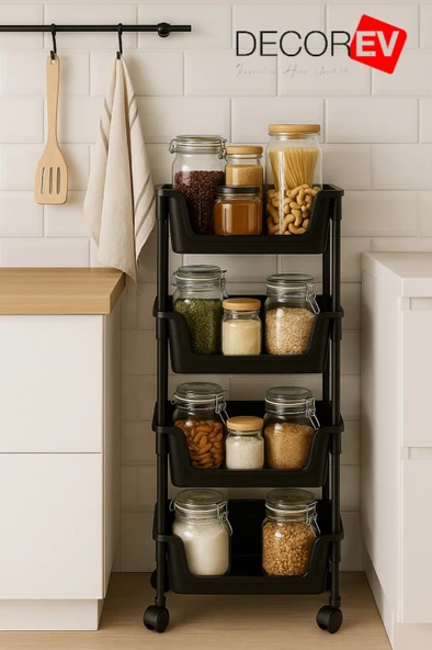 4 Katlı Tekerlekli Plastik Organizer Raf – Çok Amaçlı Mutfak, Banyo ve Ofis Düzenleyici (Siyah) DC-6824 ürün görseli