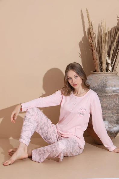 Lindros Kadın Pamuk'lu Düğme Yaka Raporlu İnterlok KIŞLIK Pijama Takımı 05033 - 1 Adet   S - M Pembe - Resim 6