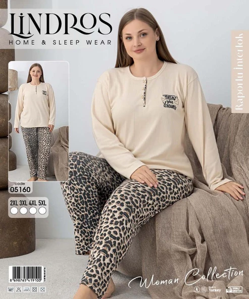 Lindros Kadın Pamuk'lu Düğme Yaka Raporlu İnterlok KIŞLIK Battal Pijama Takımı 05160 - 1 Adet   4XL Ekru - Resim 3