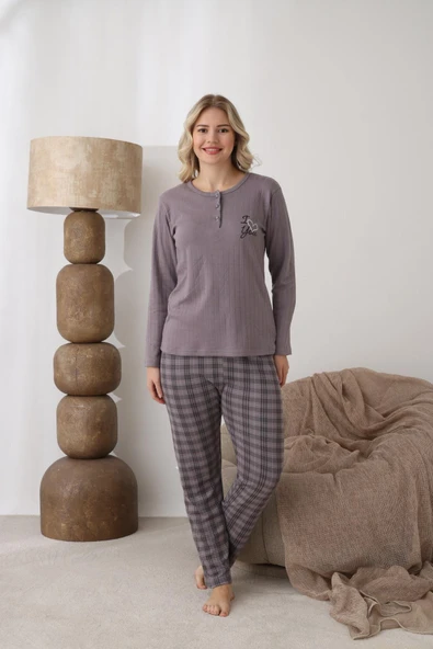 Lindros Kadın Pamuk'lu Düğme Yaka Raporlu İnterlok KIŞLIK Pijama Takımı 05162 - 1 Adet   S - M Füme - Resim 2