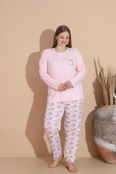 Lindros Kadın Pamuk'lu Düğme Yaka Raporlu İnterlok KIŞLIK Battal Pijama Takımı 05150P - 1 Adet   2XL Pembe - Resim 3