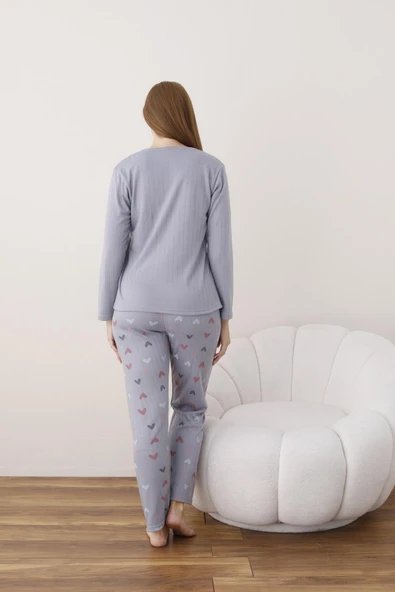 Lindros Kadın Pamuk'lu Düğme Yaka Raporlu İnterlok KIŞLIK Pijama Takımı 05020 - 1 Adet   L Lila - Resim 4