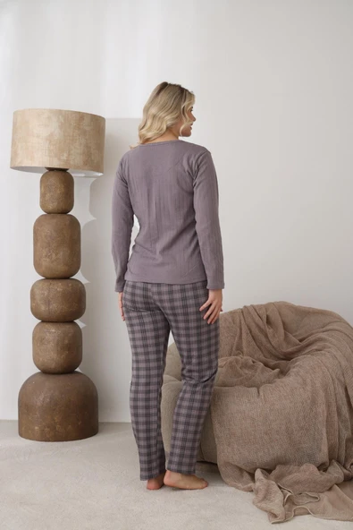 Lindros Kadın Pamuk'lu Düğme Yaka Raporlu İnterlok KIŞLIK Pijama Takımı 05162 - 1 Adet   S - M Füme - Resim 4