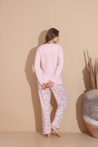 Lindros Kadın Pamuk'lu Düğme Yaka Raporlu İnterlok KIŞLIK Pijama Takımı 05033 - 1 Adet   S - M Pembe - Resim 4