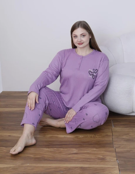 Lindros Kadın Pamuk'lu Düğme Yaka Raporlu İnterlok KIŞLIK Battal Pijama Takımı 05141 - 1 Adet   3XL Mor ürün görseli 1