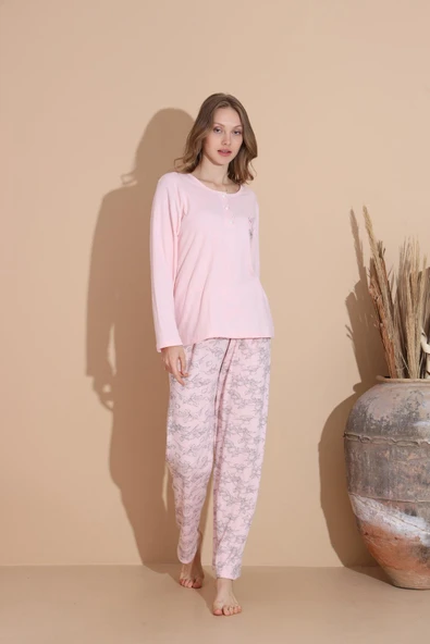 Lindros Kadın Pamuk'lu Düğme Yaka Raporlu İnterlok KIŞLIK Pijama Takımı 05033 - 1 Adet   S - M Pembe - Resim 3