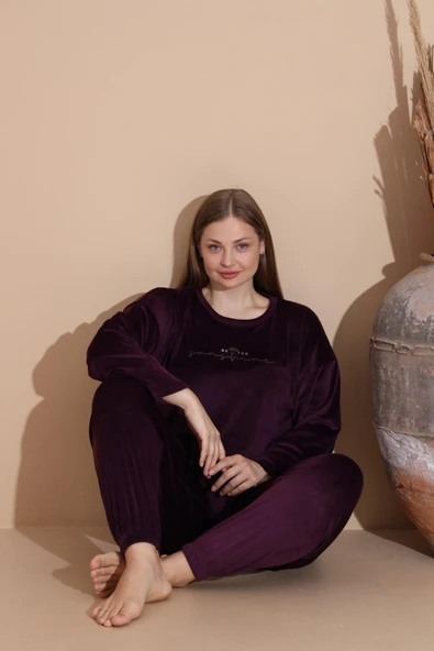 Boyraz Kadın KIŞLIK Fransız Kadife Büyük Beden Bisiklet Yaka Uzun Kol Pijama Takımı 03143 - 1 Adet  3XL Mor ürün görseli