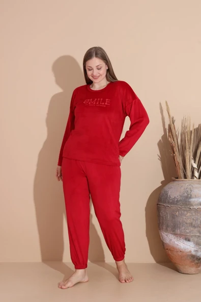 Boyraz Kadın KIŞLIK Fransız Kadife Büyük Beden Bisiklet Yaka Uzun Kol Pijama Takımı 03130 - 1 Adet  2XL Kırmızı - Resim 5