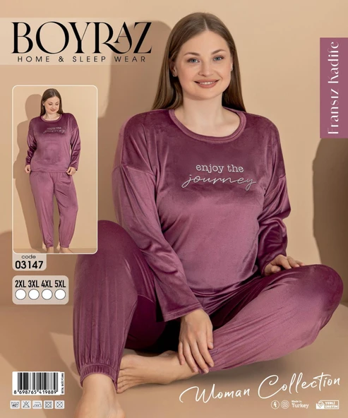 Boyraz Kadın KIŞLIK Fransız Kadife Büyük Beden Bisiklet Yaka Uzun Kol Pijama Takımı 03147 - 1 Adet  2XL Gül Kurusu - Resim 2