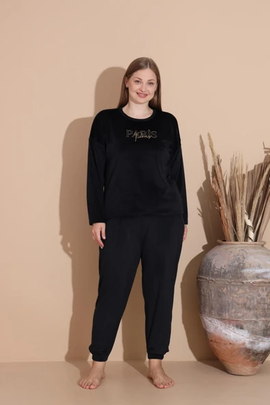 Boyraz Kadın KIŞLIK Fransız Kadife Büyük Beden Bisiklet Yaka Uzun Kol Pijama Takımı 03134 - 1 Adet  4XL Siyah - Resim 5