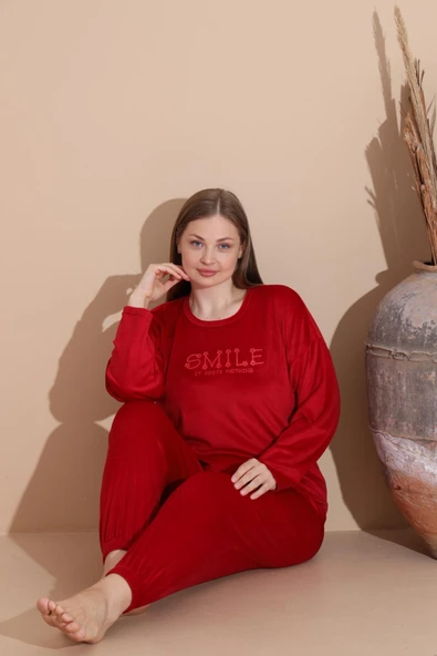 Boyraz Kadın KIŞLIK Fransız Kadife Büyük Beden Bisiklet Yaka Uzun Kol Pijama Takımı 03130 - 1 Adet  2XL Kırmızı - Resim 3