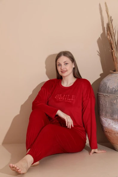 Boyraz Kadın KIŞLIK Fransız Kadife Büyük Beden Bisiklet Yaka Uzun Kol Pijama Takımı 03130 - 1 Adet  2XL Kırmızı ürün görseli