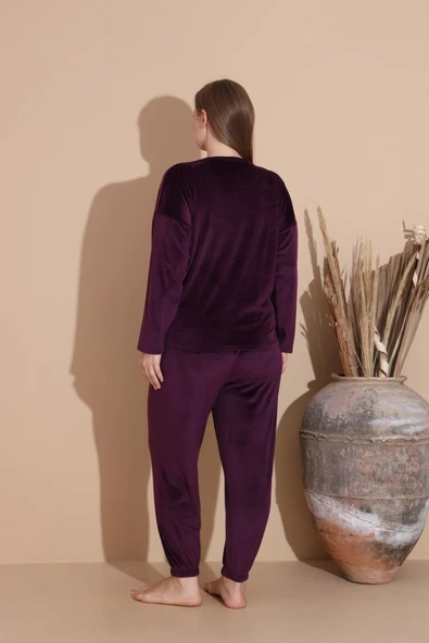 Boyraz Kadın KIŞLIK Fransız Kadife Büyük Beden Bisiklet Yaka Uzun Kol Pijama Takımı 03143 - 1 Adet  2XL Mor - Resim 6