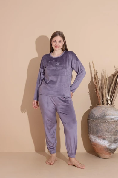 Boyraz Kadın KIŞLIK Fransız Kadife Büyük Beden Bisiklet Yaka Uzun Kol Pijama Takımı 03139 - 1 Adet  5XL Açık Mor - Resim 4