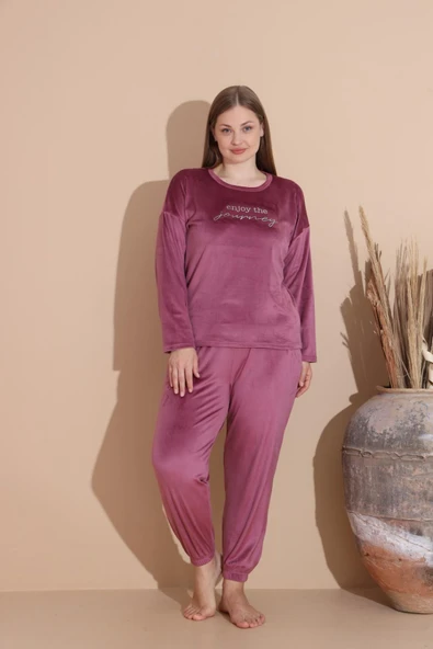 Boyraz Kadın KIŞLIK Fransız Kadife Büyük Beden Bisiklet Yaka Uzun Kol Pijama Takımı 03147 - 1 Adet  2XL Gül Kurusu - Resim 4