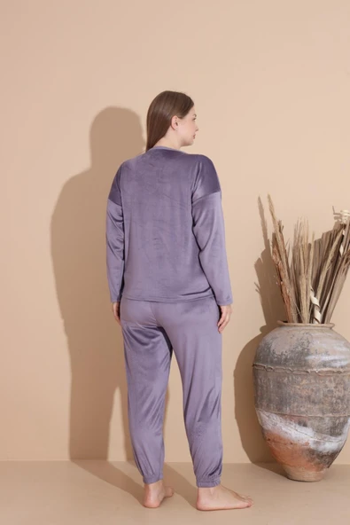 Boyraz Kadın KIŞLIK Fransız Kadife Büyük Beden Bisiklet Yaka Uzun Kol Pijama Takımı 03139 - 1 Adet  3XL Açık Mor - Resim 7