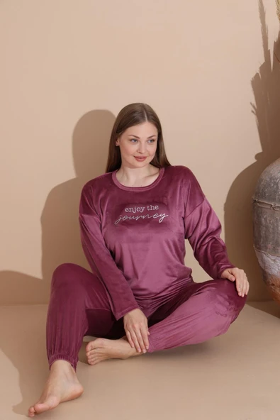 Boyraz Kadın KIŞLIK Fransız Kadife Büyük Beden Bisiklet Yaka Uzun Kol Pijama Takımı 03147 - 1 Adet  5XL Gül Kurusu - Resim 3
