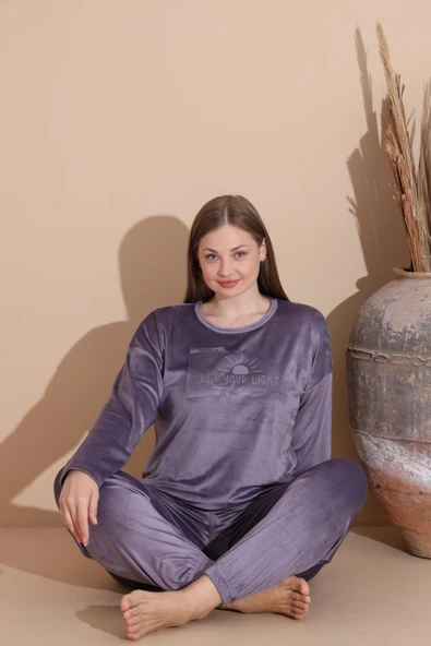 Boyraz Kadın KIŞLIK Fransız Kadife Büyük Beden Bisiklet Yaka Uzun Kol Pijama Takımı 03139 - 1 Adet  2XL Açık Mor ürün görseli