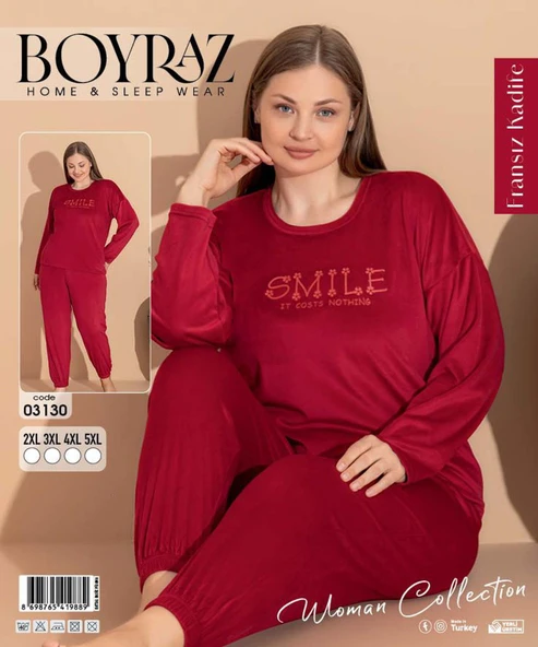 Boyraz Kadın KIŞLIK Fransız Kadife Büyük Beden Bisiklet Yaka Uzun Kol Pijama Takımı 03130 - 1 Adet  2XL Kırmızı - Resim 2