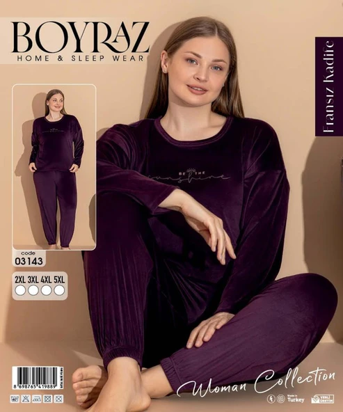 Boyraz Kadın KIŞLIK Fransız Kadife Büyük Beden Bisiklet Yaka Uzun Kol Pijama Takımı 03143 - 1 Adet  3XL Mor - Resim 2