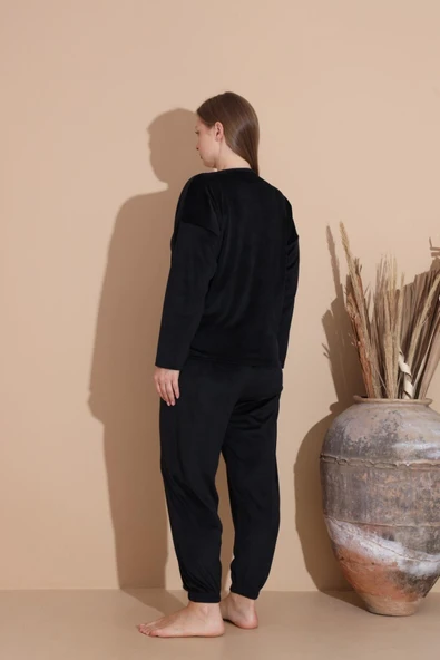 Boyraz Kadın KIŞLIK Fransız Kadife Büyük Beden Bisiklet Yaka Uzun Kol Pijama Takımı 03134 - 1 Adet  Siyah 3XL - Resim 6