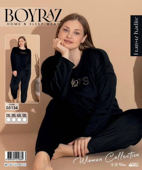 Boyraz Kadın KIŞLIK Fransız Kadife Büyük Beden Bisiklet Yaka Uzun Kol Pijama Takımı 03134 - 1 Adet  4XL Siyah - Resim 2