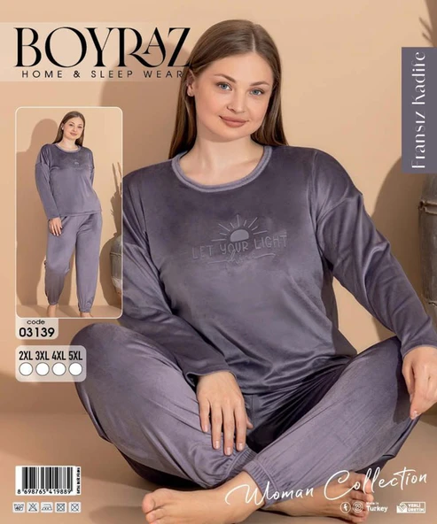 Boyraz Kadın KIŞLIK Fransız Kadife Büyük Beden Bisiklet Yaka Uzun Kol Pijama Takımı 03139 - 1 Adet  4XL Açık Mor - Resim 2