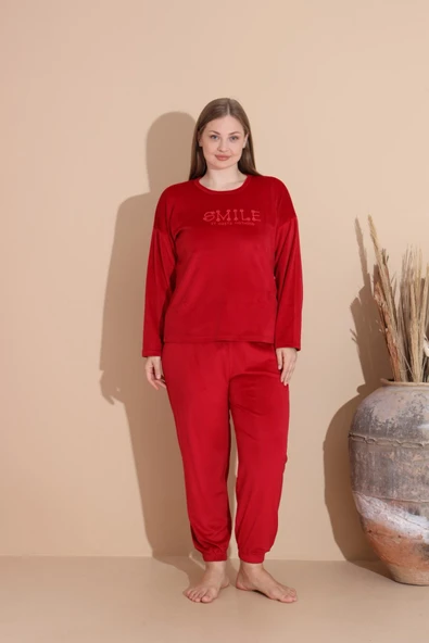 Boyraz Kadın KIŞLIK Fransız Kadife Büyük Beden Bisiklet Yaka Uzun Kol Pijama Takımı 03130 - 1 Adet  2XL Kırmızı - Resim 4