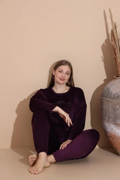 Boyraz Kadın KIŞLIK Fransız Kadife Büyük Beden Bisiklet Yaka Uzun Kol Pijama Takımı 03143 - 1 Adet  2XL Mor - Resim 3