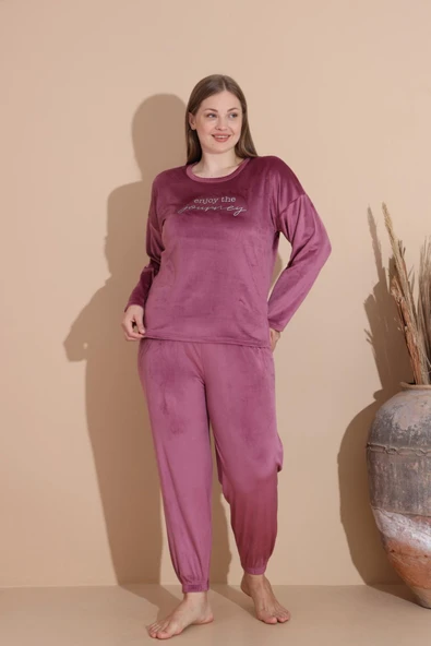 Boyraz Kadın KIŞLIK Fransız Kadife Büyük Beden Bisiklet Yaka Uzun Kol Pijama Takımı 03147 - 1 Adet  2XL Gül Kurusu - Resim 6