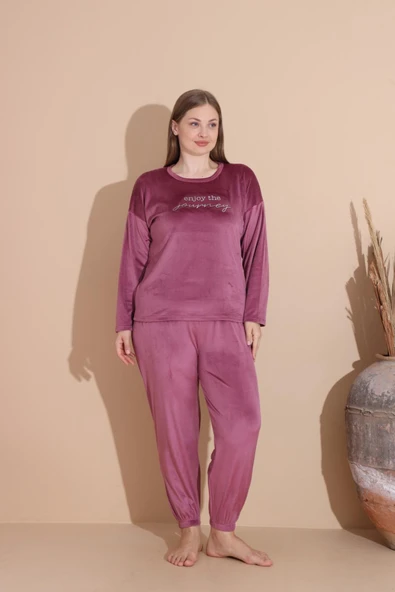 Boyraz Kadın KIŞLIK Fransız Kadife Büyük Beden Bisiklet Yaka Uzun Kol Pijama Takımı 03147 - 1 Adet  2XL Gül Kurusu - Resim 5