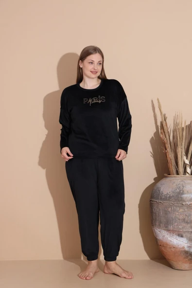 Boyraz Kadın KIŞLIK Fransız Kadife Büyük Beden Bisiklet Yaka Uzun Kol Pijama Takımı 03134 - 1 Adet  Siyah 2XL - Resim 4