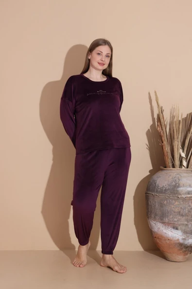 Boyraz Kadın KIŞLIK Fransız Kadife Büyük Beden Bisiklet Yaka Uzun Kol Pijama Takımı 03143 - 1 Adet  2XL Mor - Resim 5