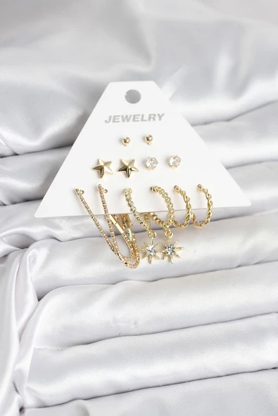 6 Çift Kadın Küpe Seti Gold Renk - TJ-BKP11318