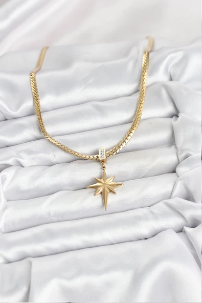 316L Çelik Zincir Gold Renk Kutup Yıldızı Model Kadın Kolye - TJ-BKO10627 - 2