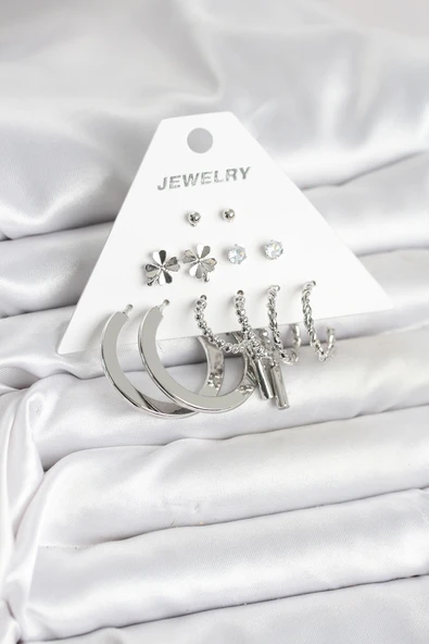 Pirinç Gümüş Renk 6 Çift Kadın Küpe Seti - TJ-BKP11332