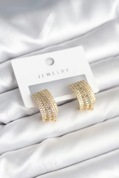 Zirkon Taşlı Şerit Model Gold Renk Pirinç Kadın Küpe - TJ-BKP11282